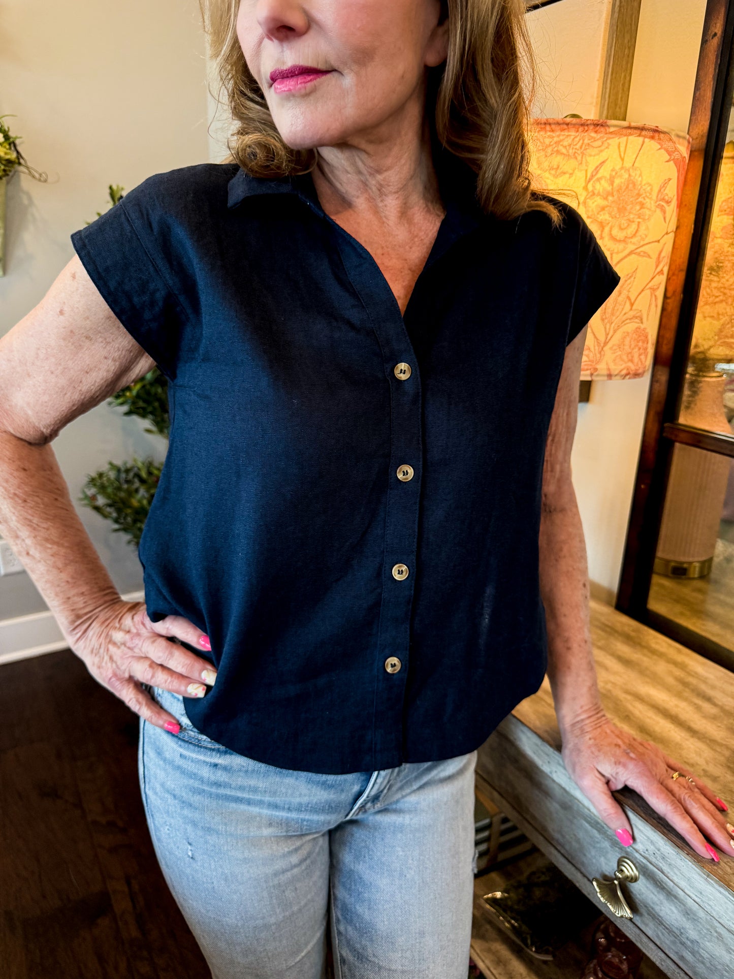 Navy Way Linen Button Down Top