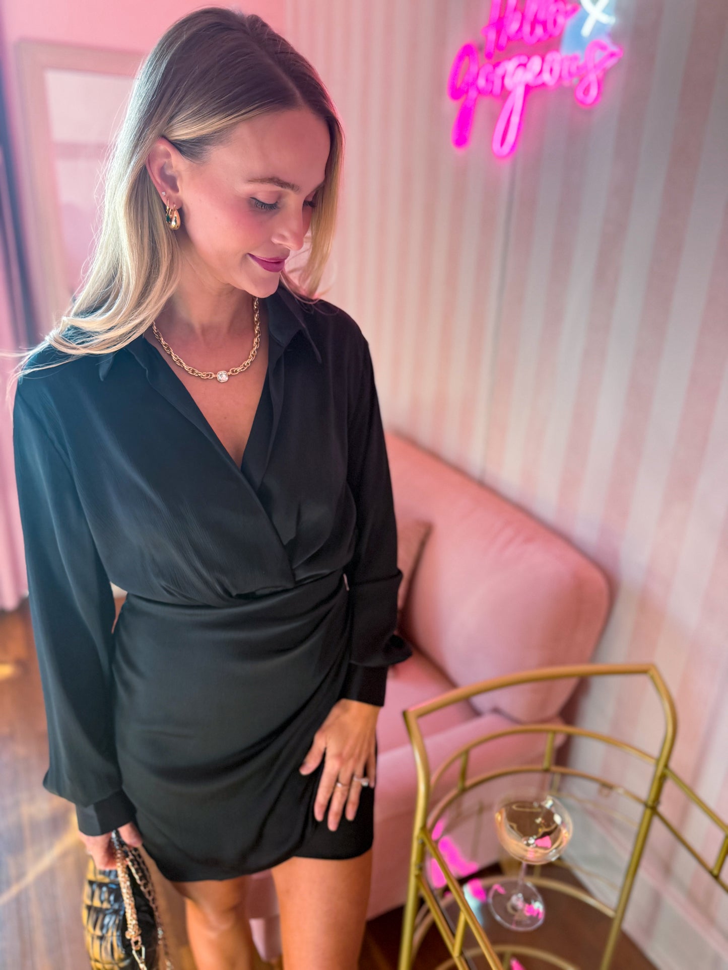 Brinley Black Satin Mini Dress