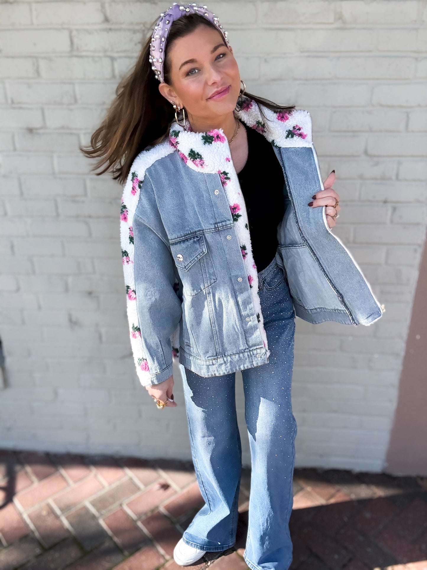 Carly Floral Shearling & Denim Jacket