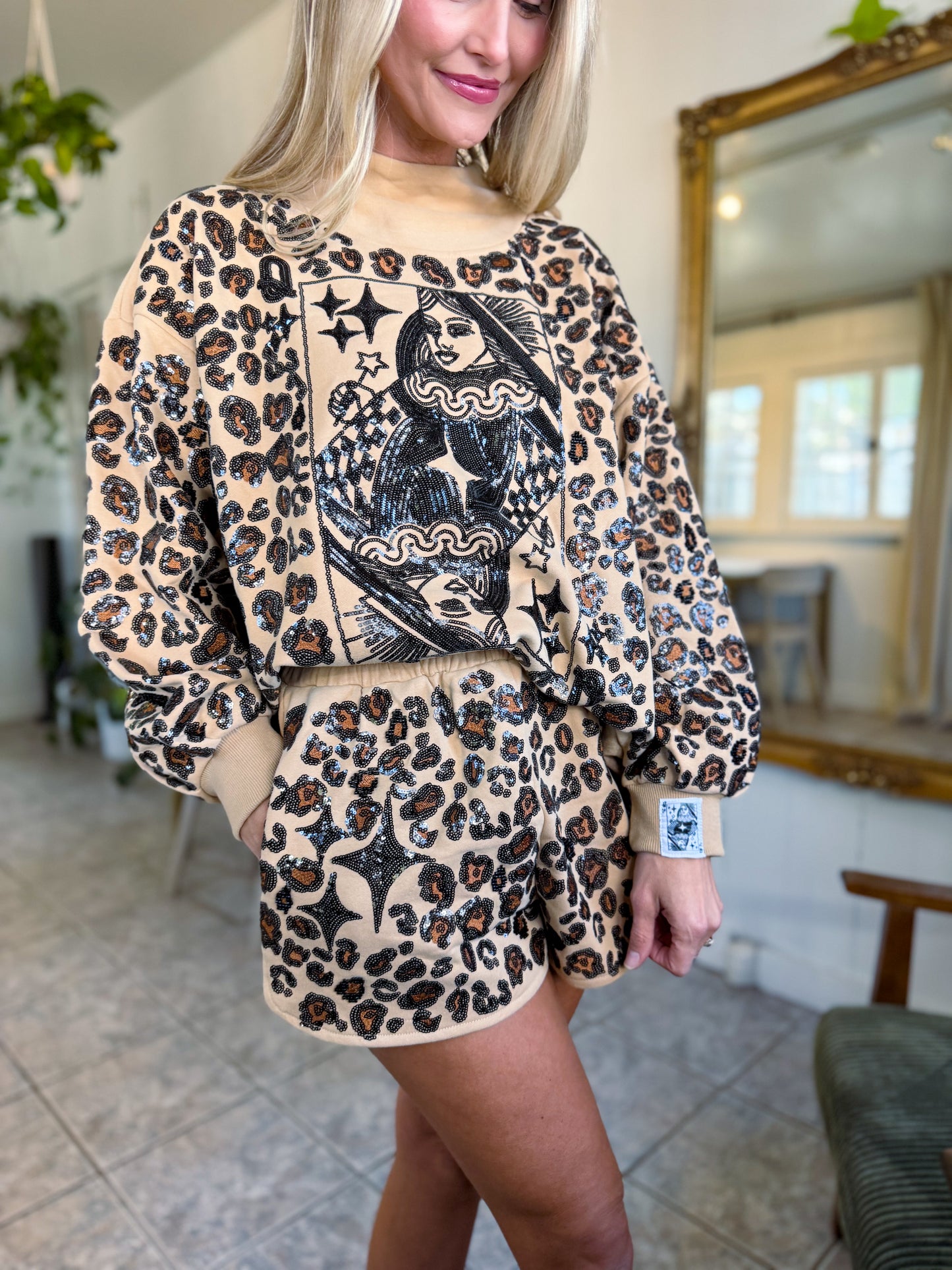Tan Leopard Print QOS Card Logo Sweatshirt