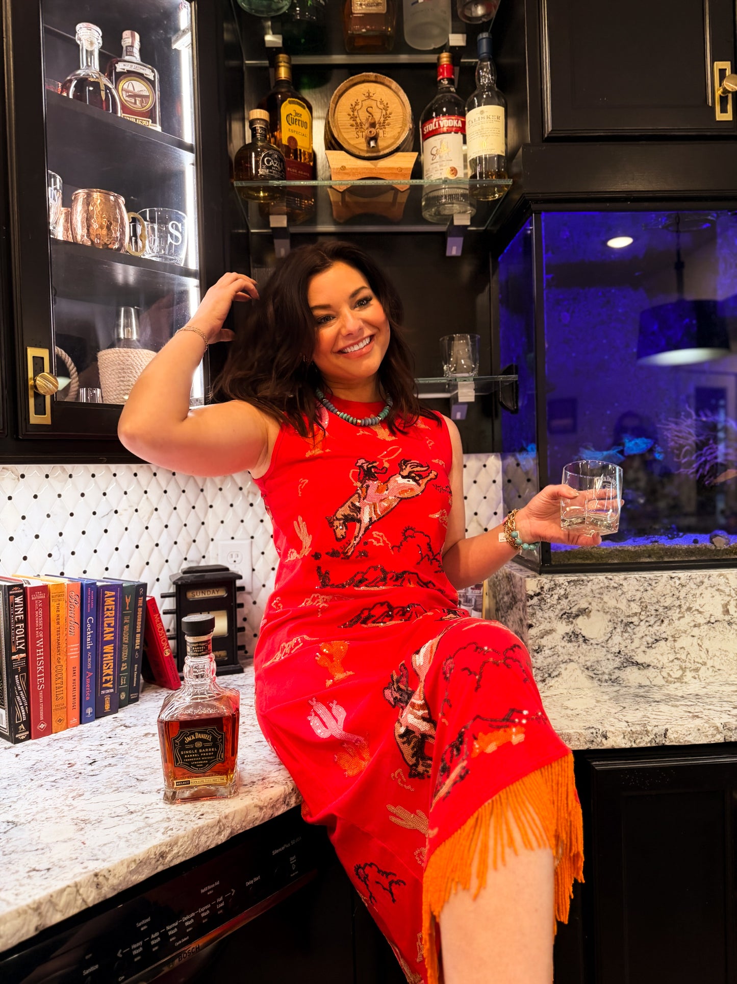 Red Bucking Cowgirl Fringe Bottom Midi Tank Dress