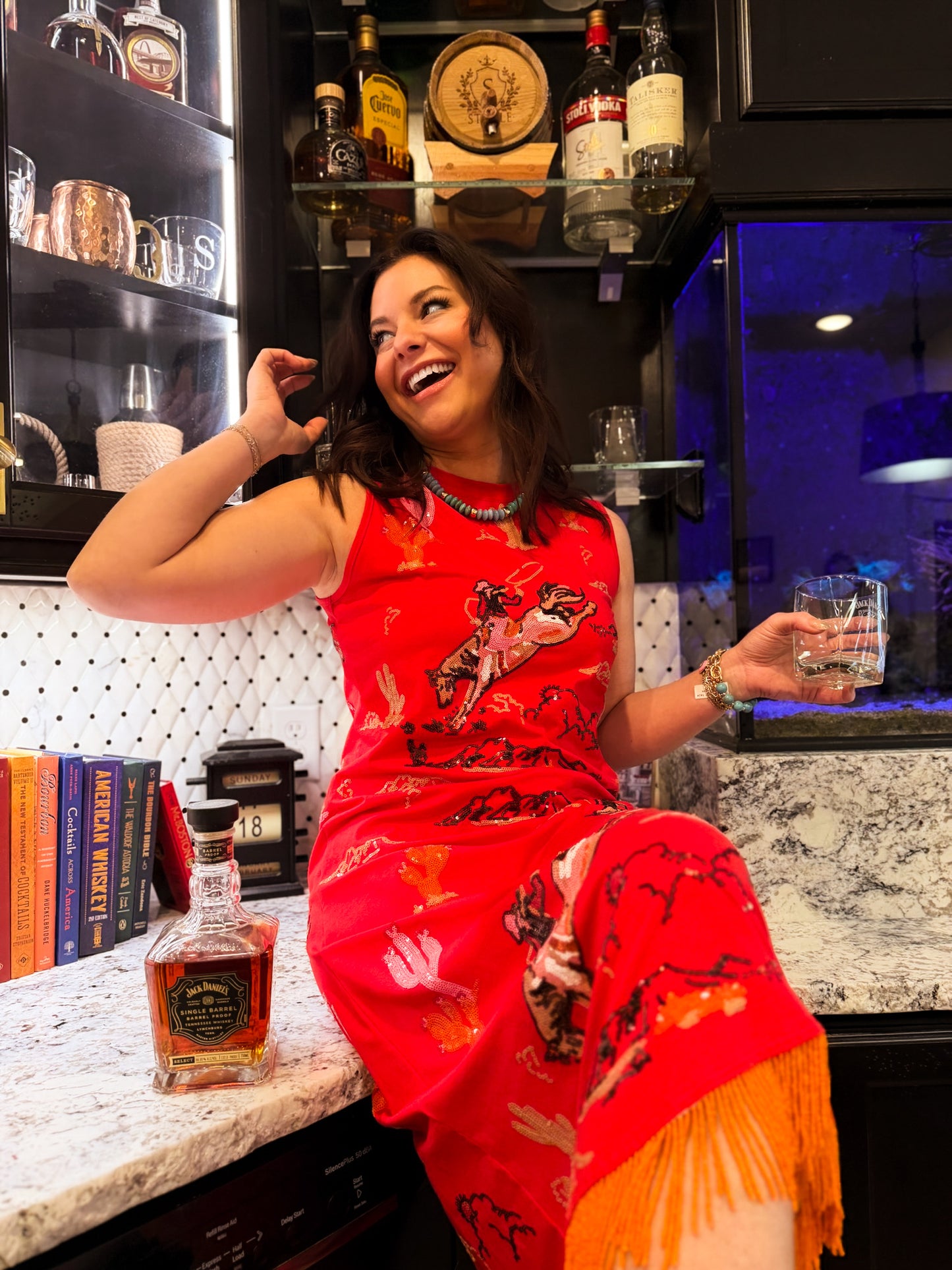 Red Bucking Cowgirl Fringe Bottom Midi Tank Dress