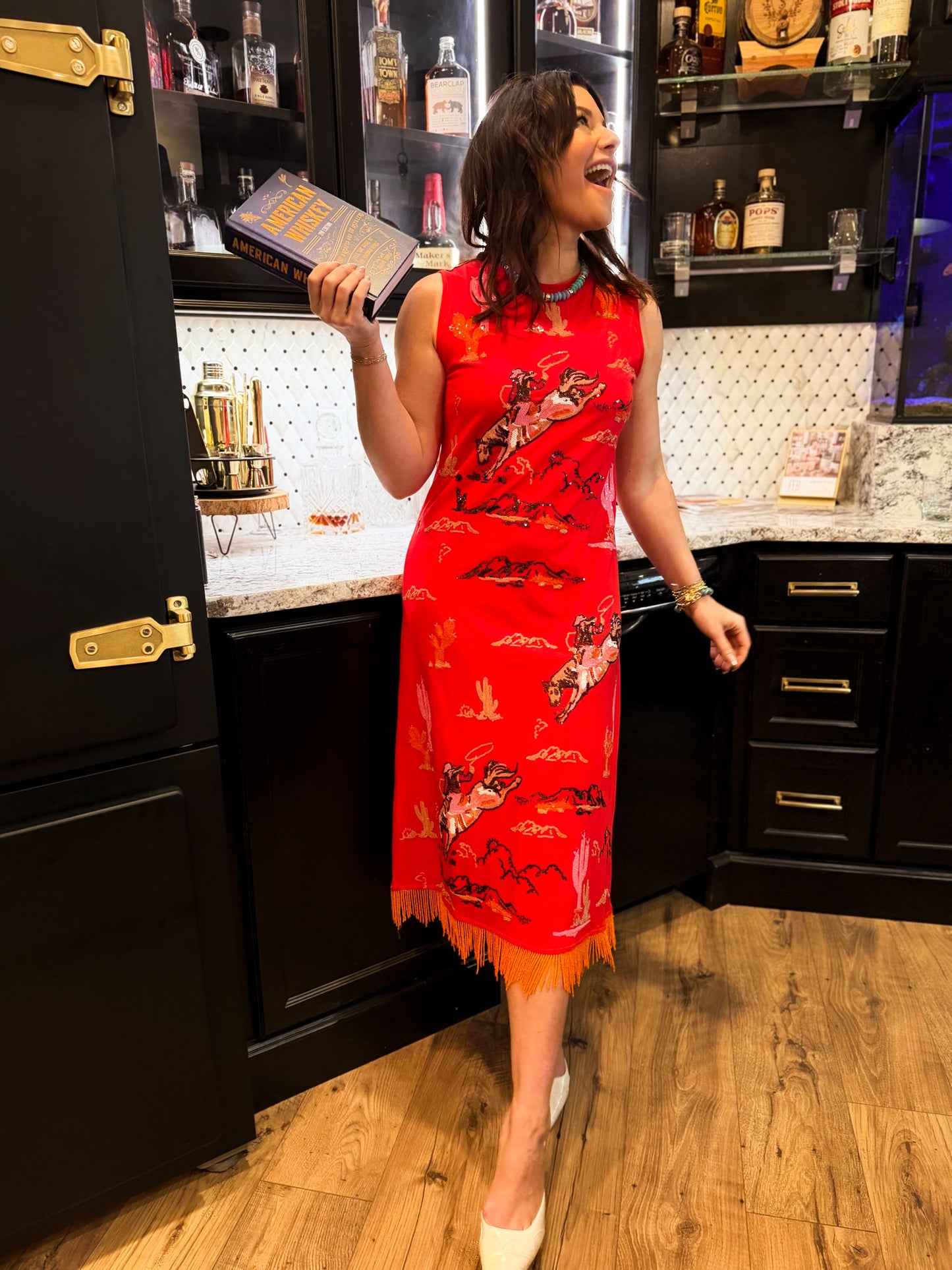 Red Bucking Cowgirl Fringe Bottom Midi Tank Dress