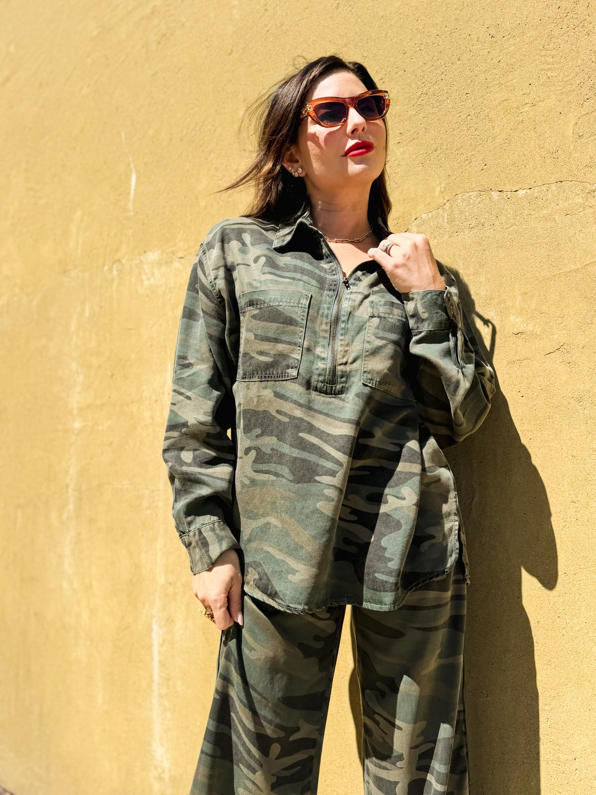 Forest Camo Tencel Quarter Zip Top