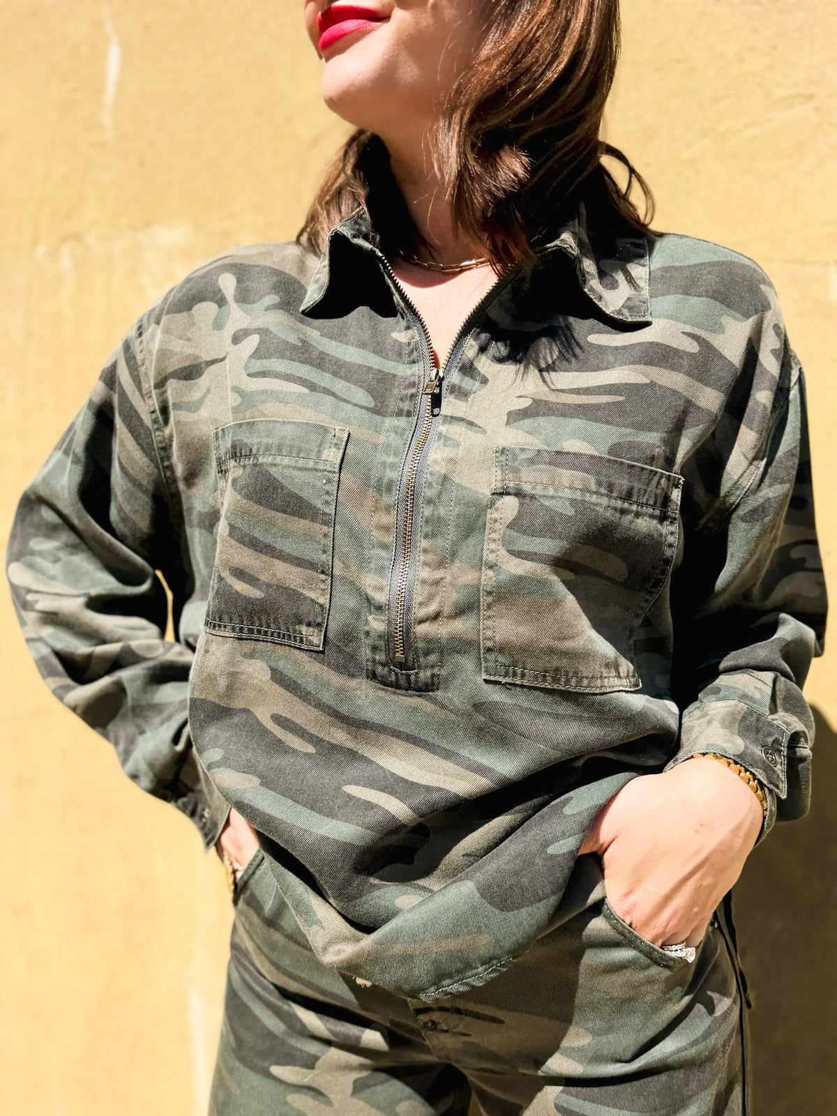 Forest Camo Tencel Quarter Zip Top