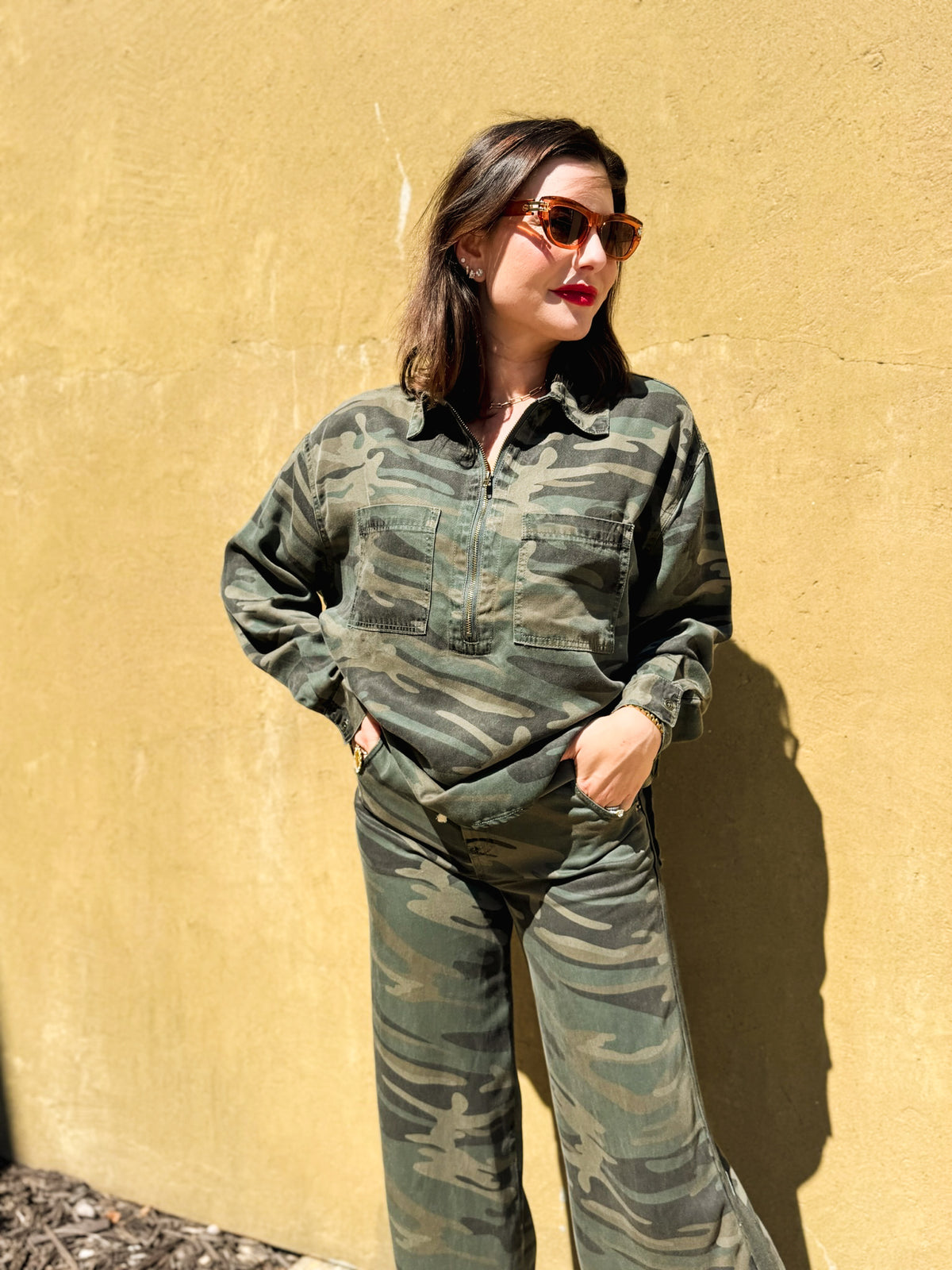 Forest Camo Tencel Quarter Zip Top