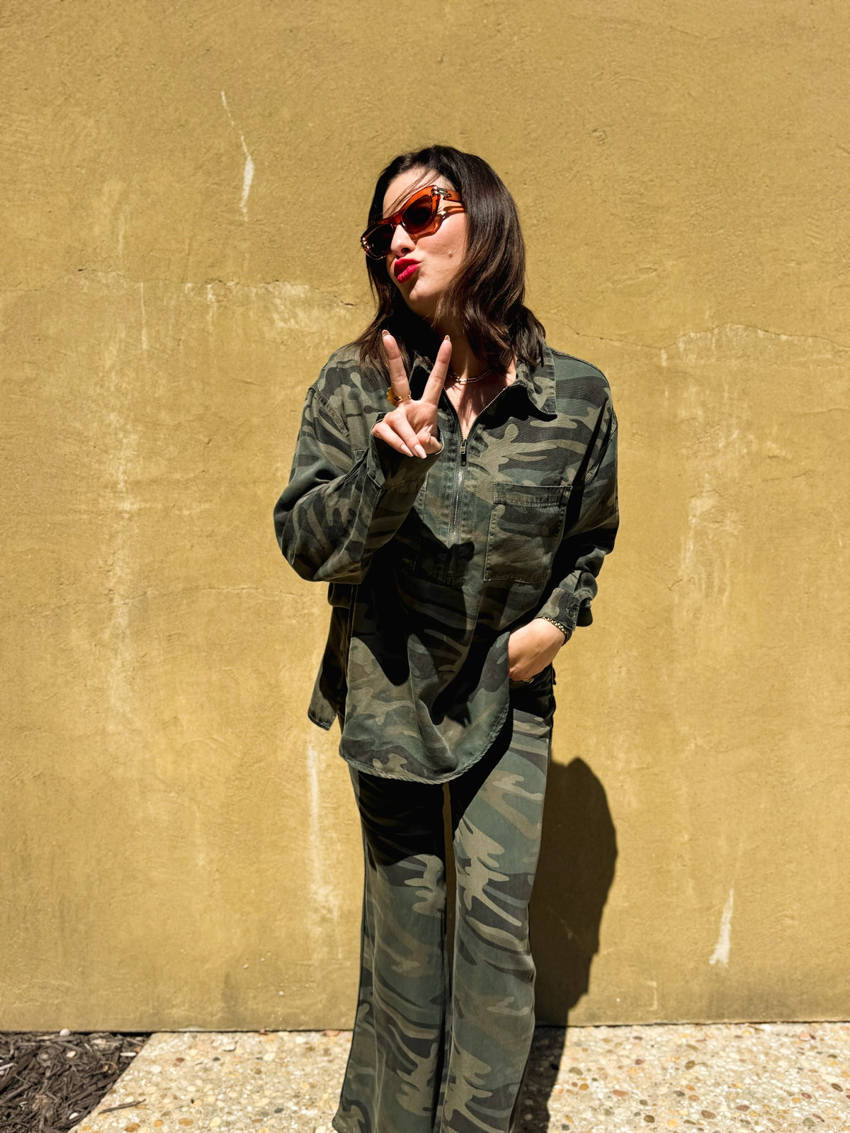 Forest Camo Tencel Quarter Zip Top