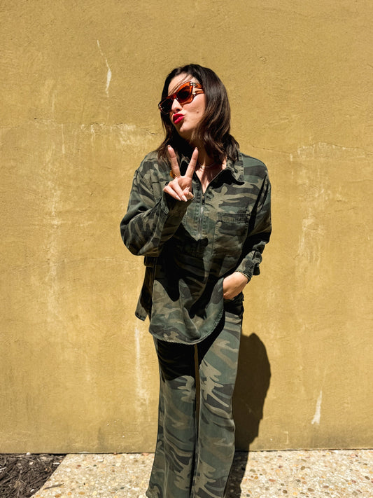 Forest Camo Tencel Quarter Zip Top