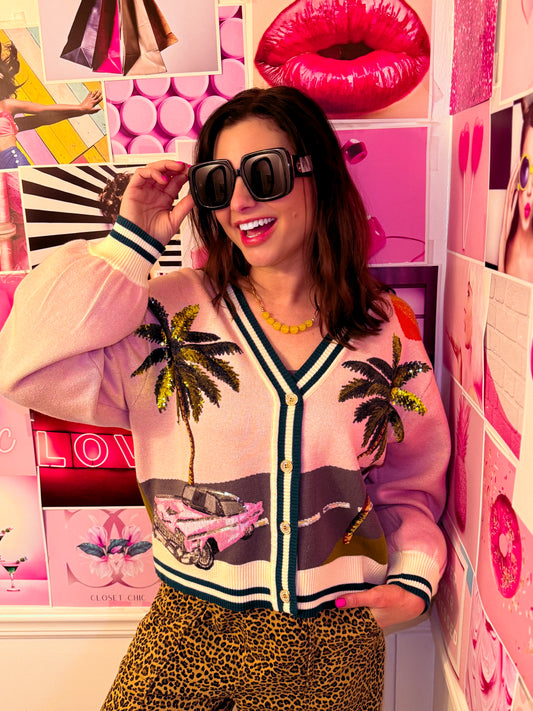 Pink Vintage Car Palm Tree Cardigan