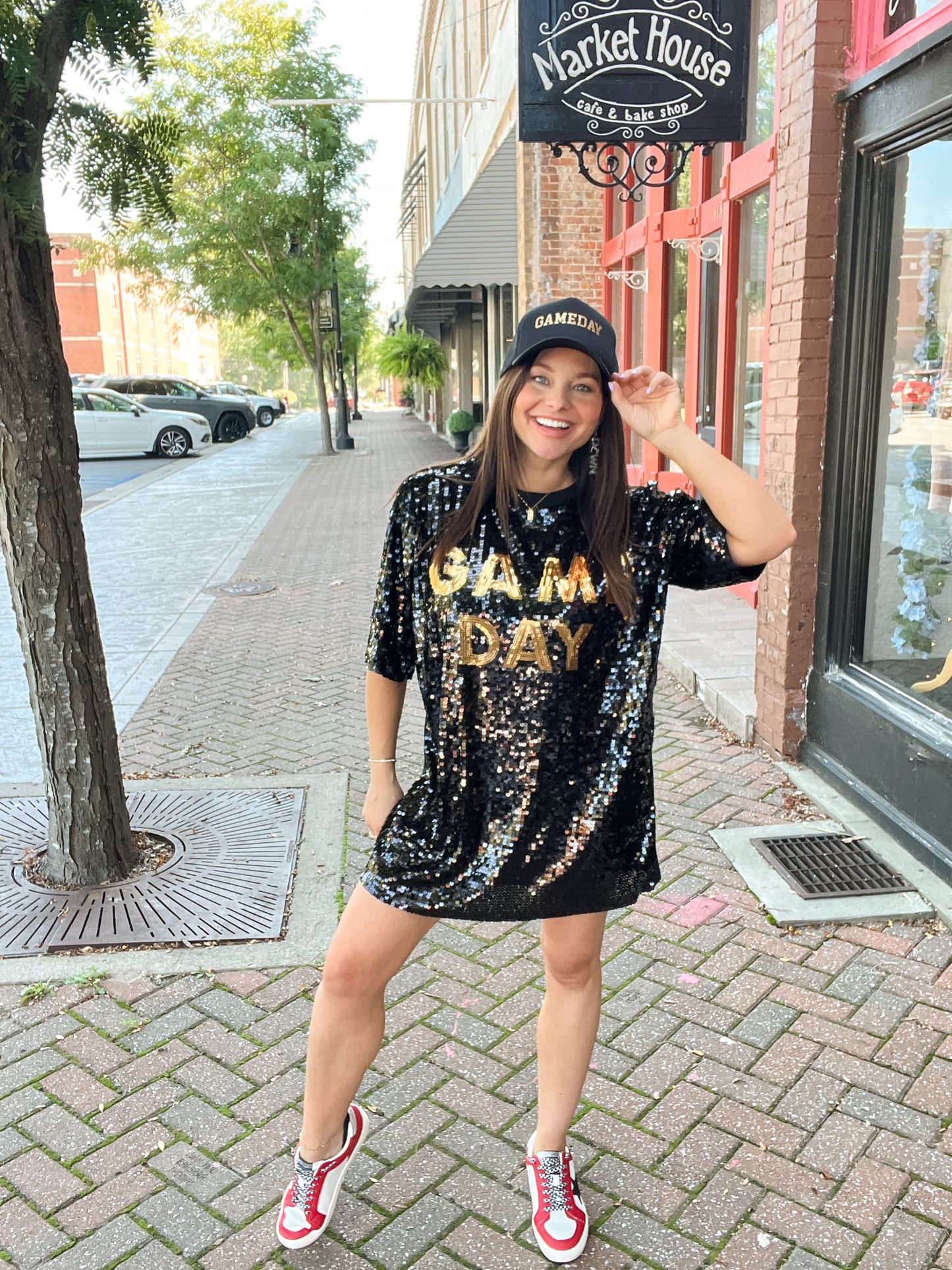Black & Gold Game Day Sequin T-Shirt Dress