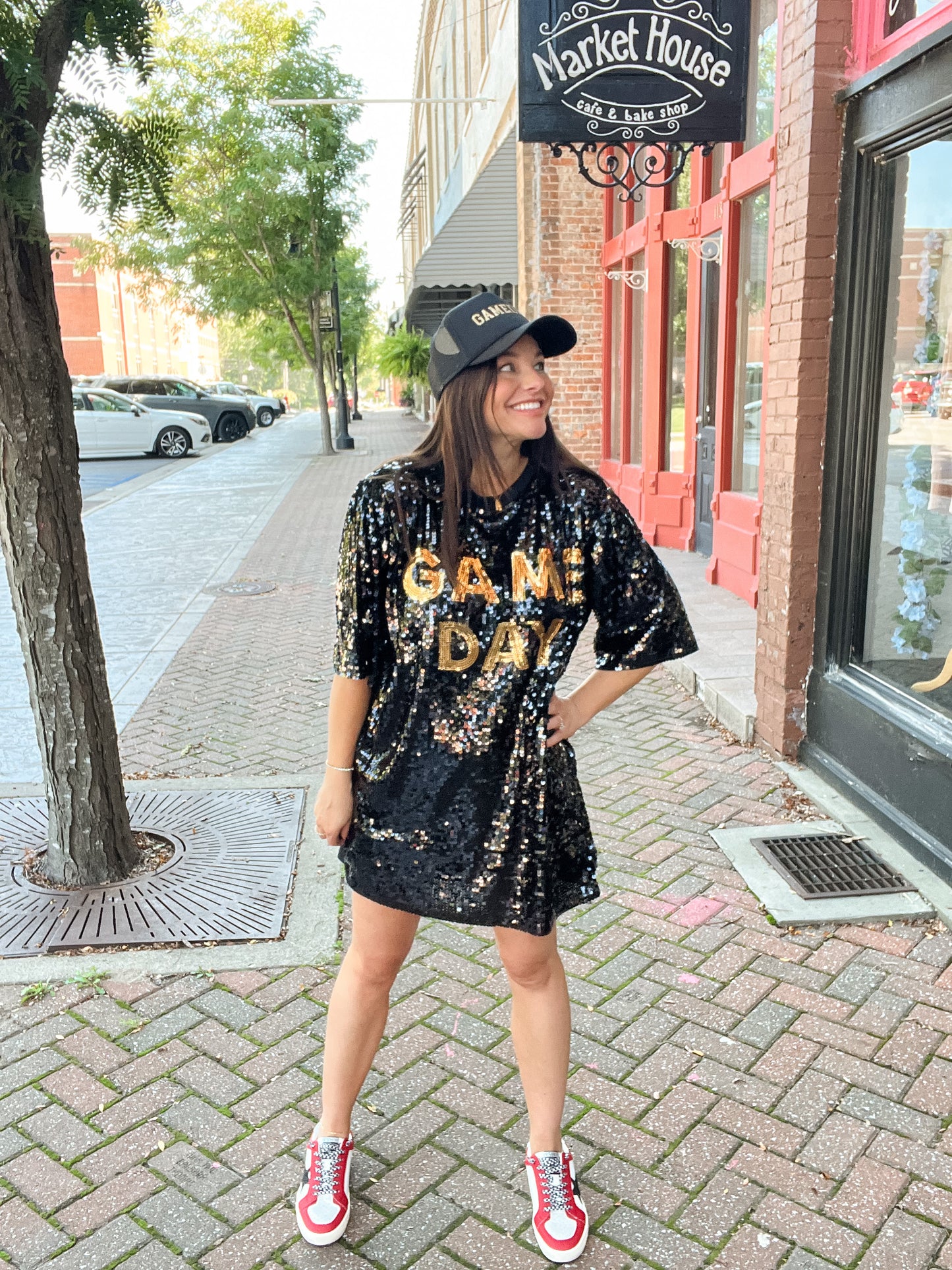 Black & Gold Game Day Sequin T-Shirt Dress