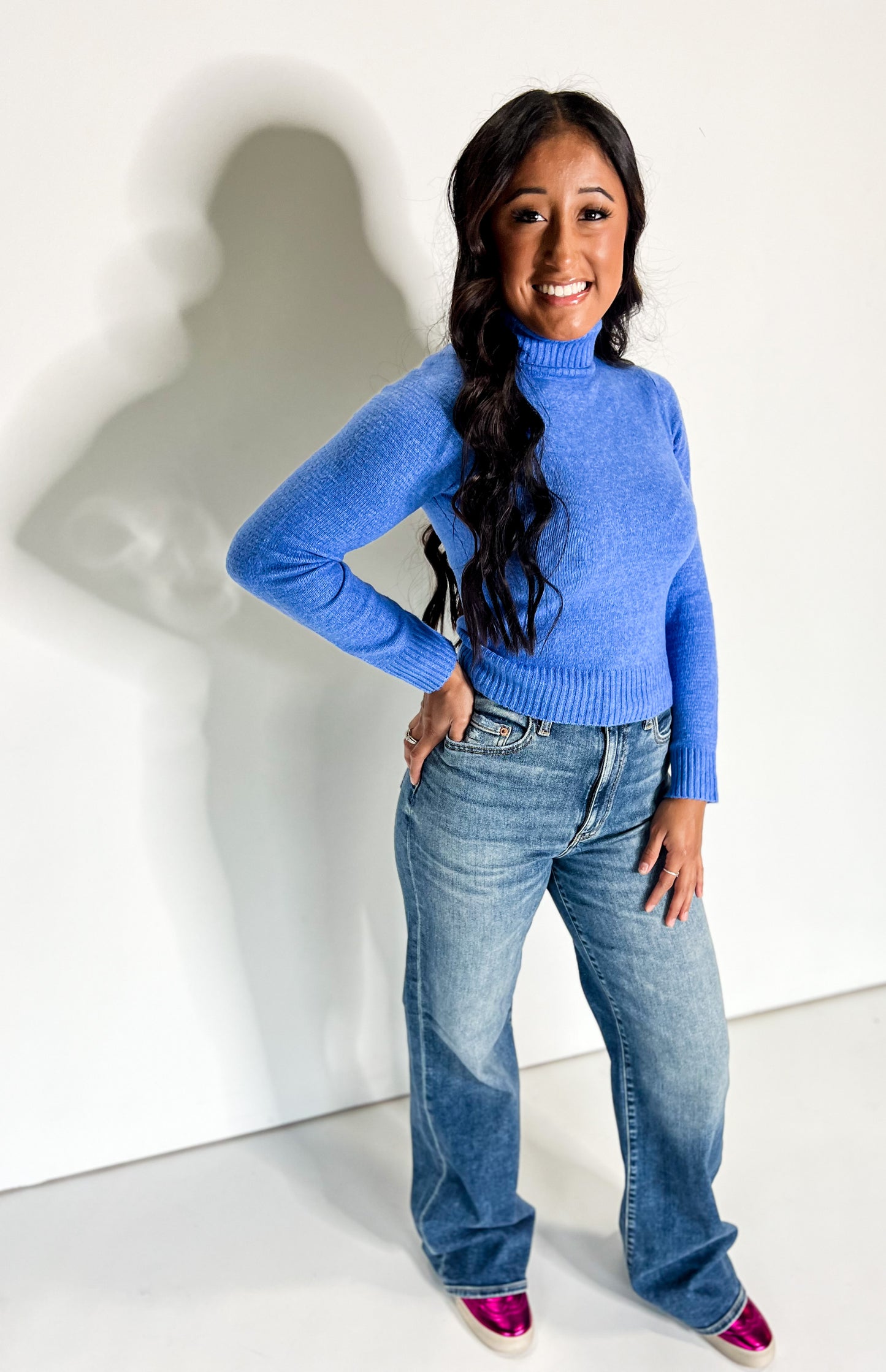 Blue Mock Neck Long Sleeve Sweater Top