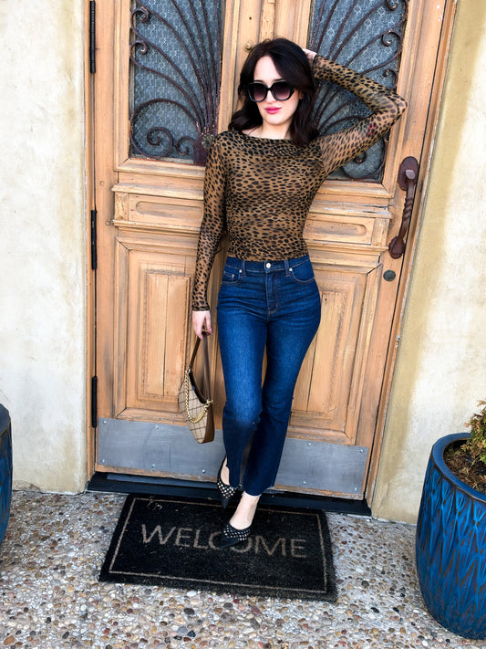 Mesh Leopard Boatneck Long Sleeve Top