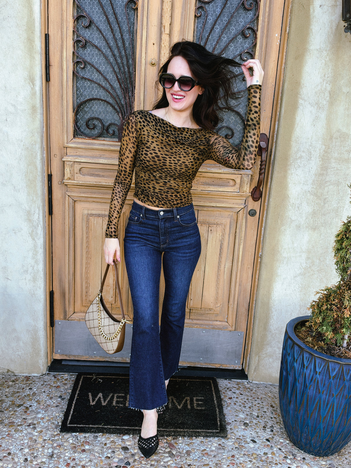 Mesh Leopard Boatneck Long Sleeve Top