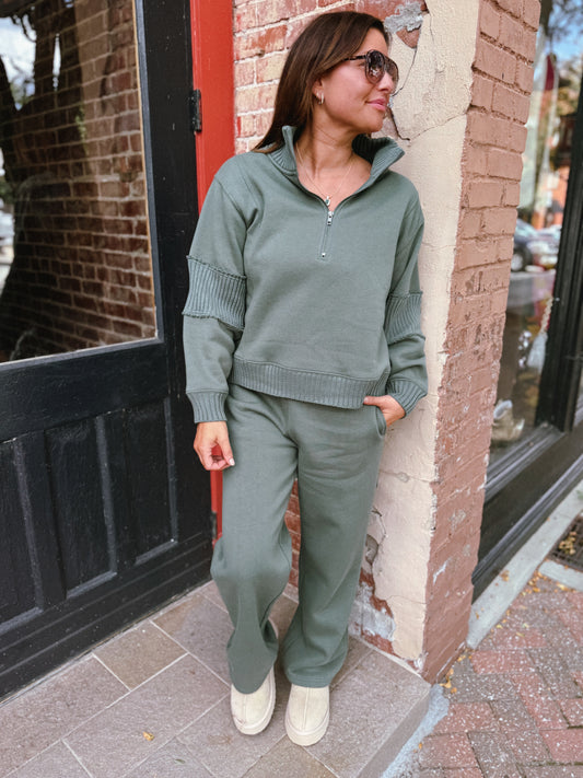 Olive Ribbed Fleece Quarter Zip