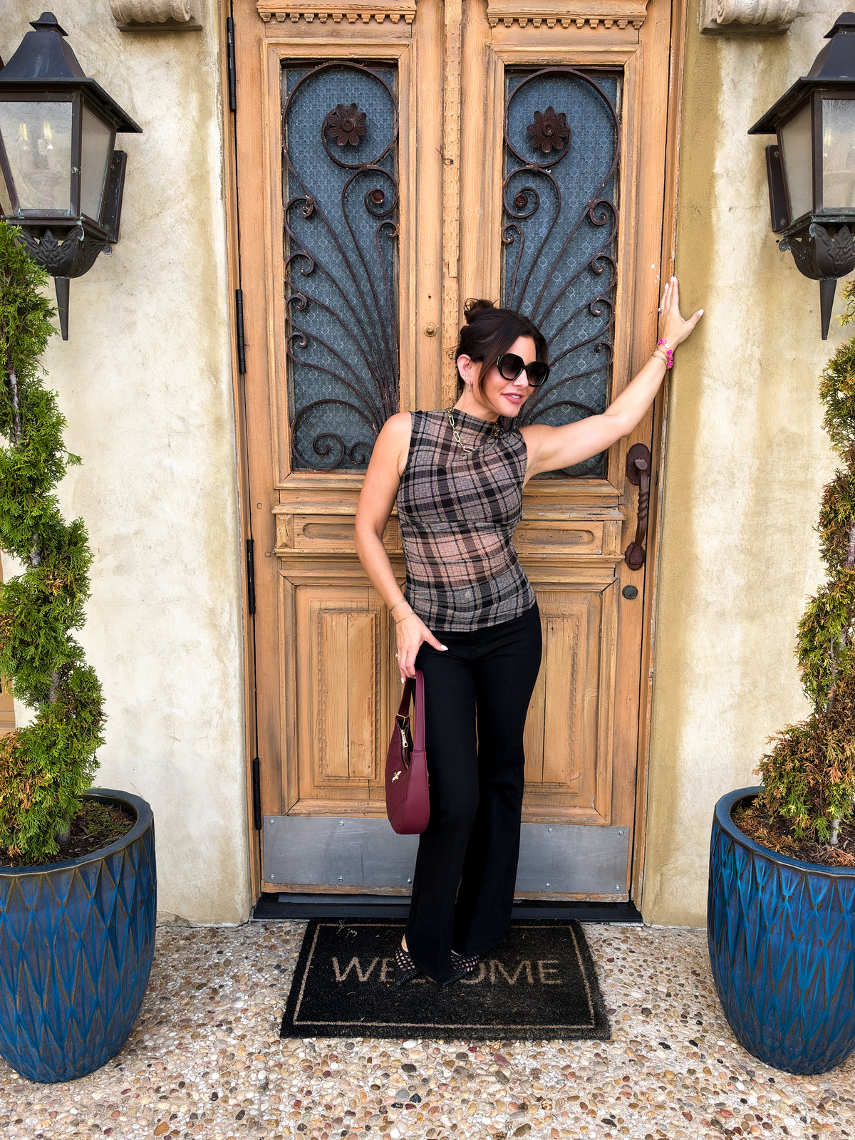 Plaid Mockneck Ruched Sleeveless Mesh Top