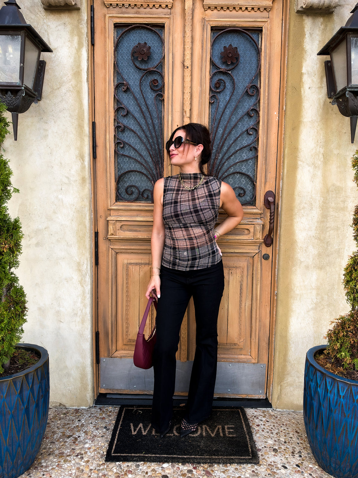 Plaid Mockneck Ruched Sleeveless Mesh Top