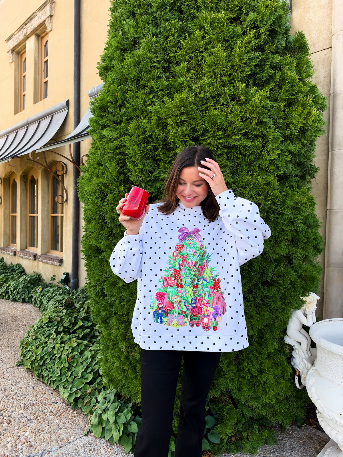 White & Black Polka Dot Multi Christmas Tree Mockneck Sweatshirt