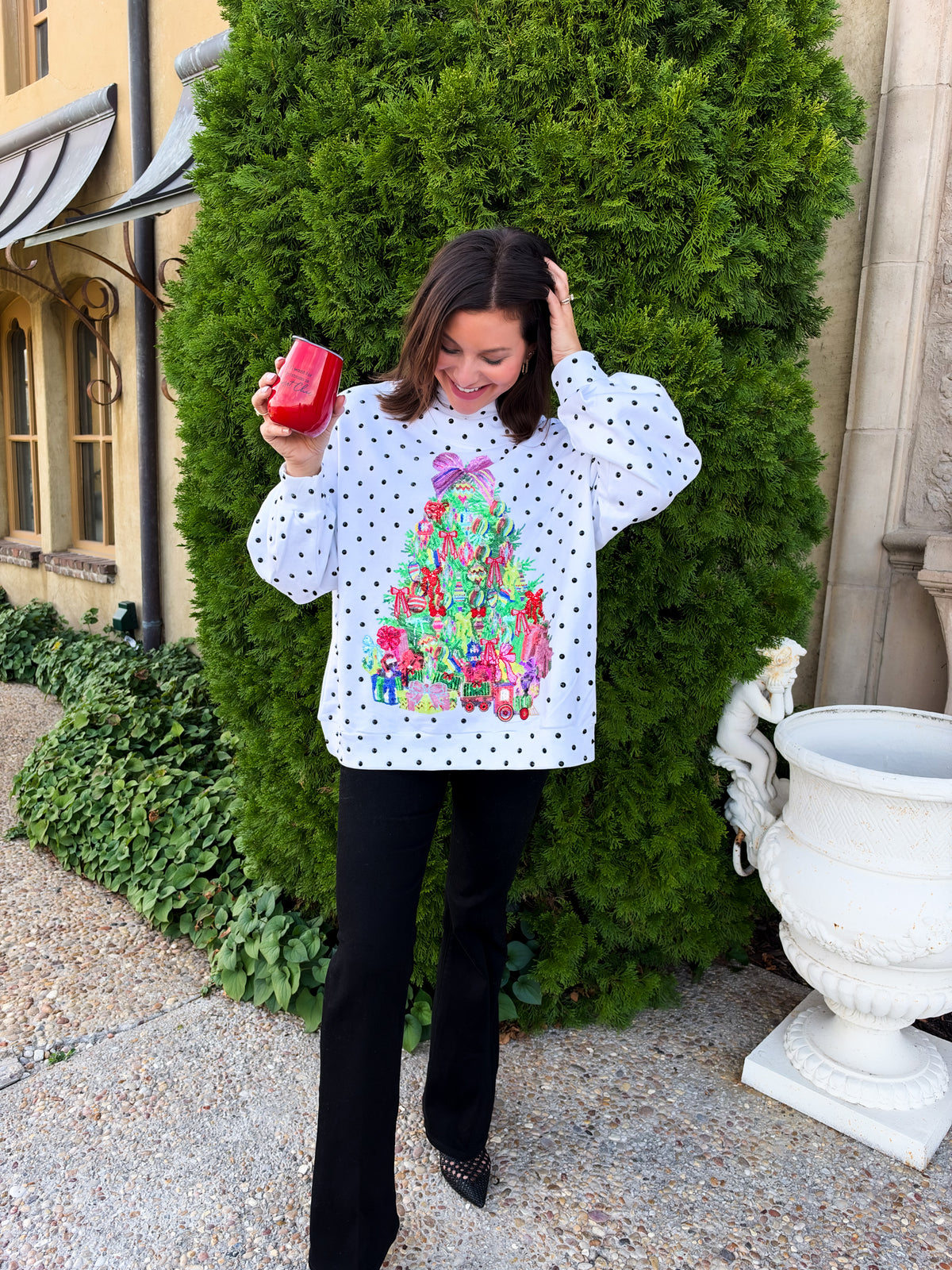 White & Black Polka Dot Multi Christmas Tree Mockneck Sweatshirt