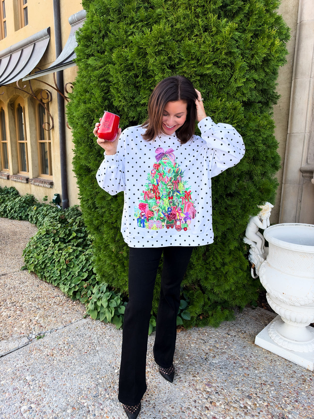 White & Black Polka Dot Multi Christmas Tree Mockneck Sweatshirt