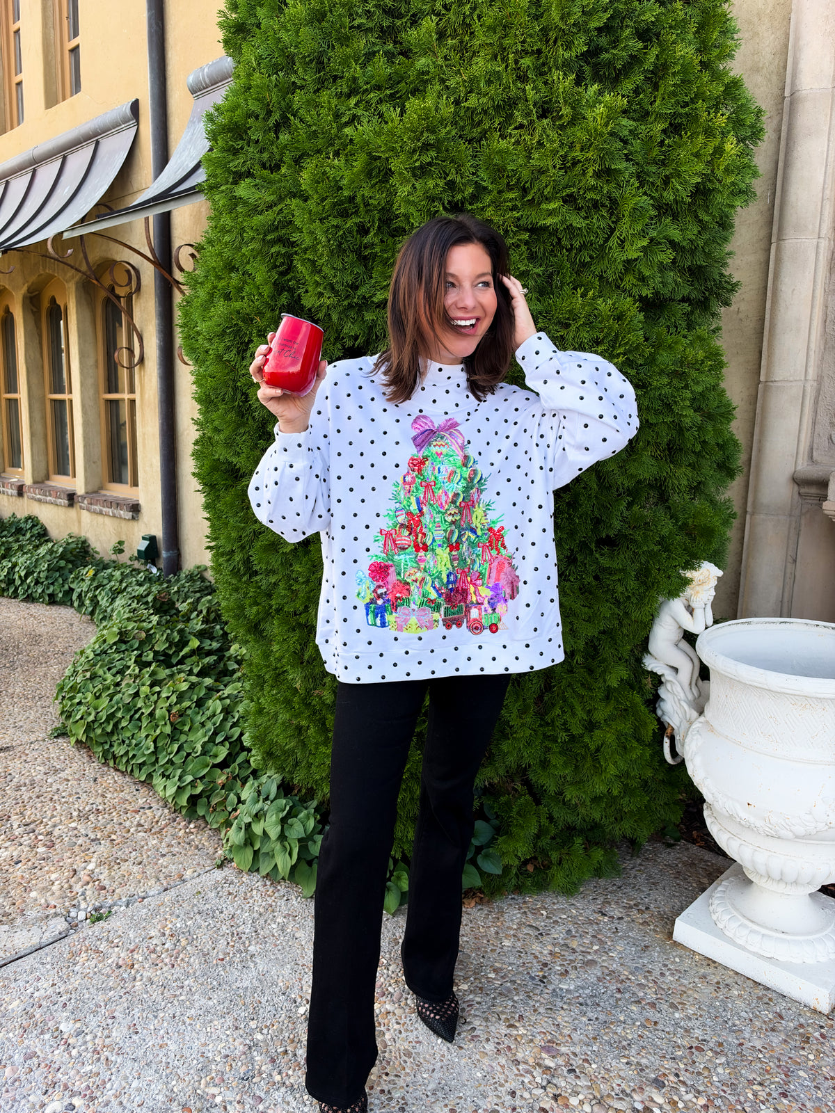 White & Black Polka Dot Multi Christmas Tree Mockneck Sweatshirt