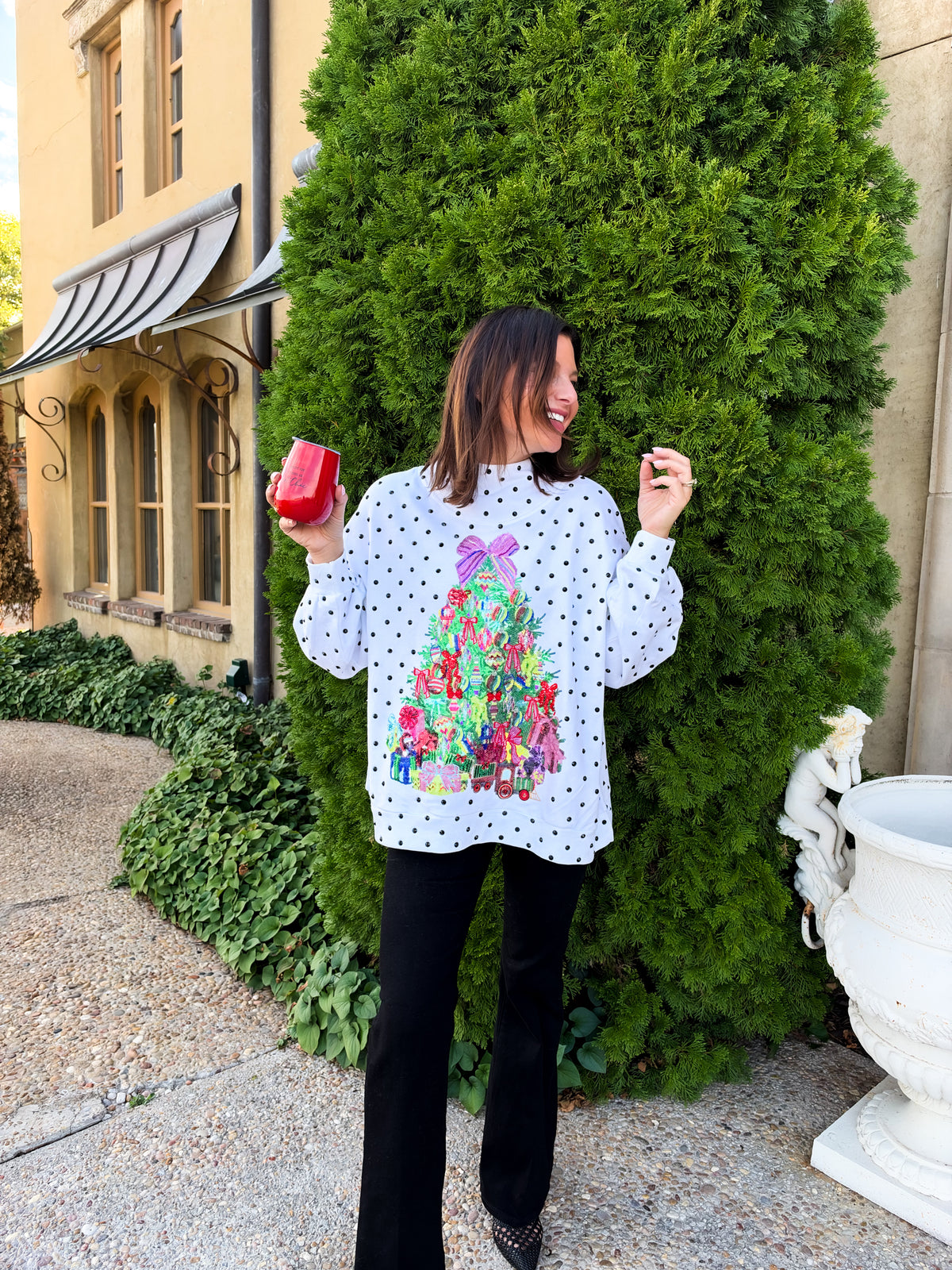 White & Black Polka Dot Multi Christmas Tree Mockneck Sweatshirt