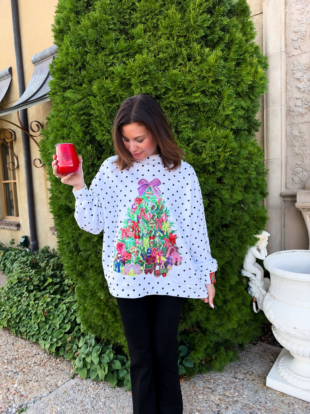White & Black Polka Dot Multi Christmas Tree Mockneck Sweatshirt