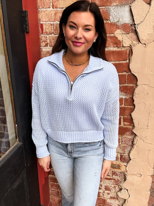 Light Blue Open Knit Quarter Zip Sweater