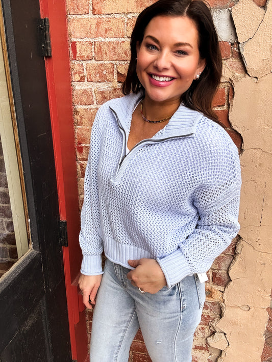 Light Blue Open Knit Quarter Zip Sweater