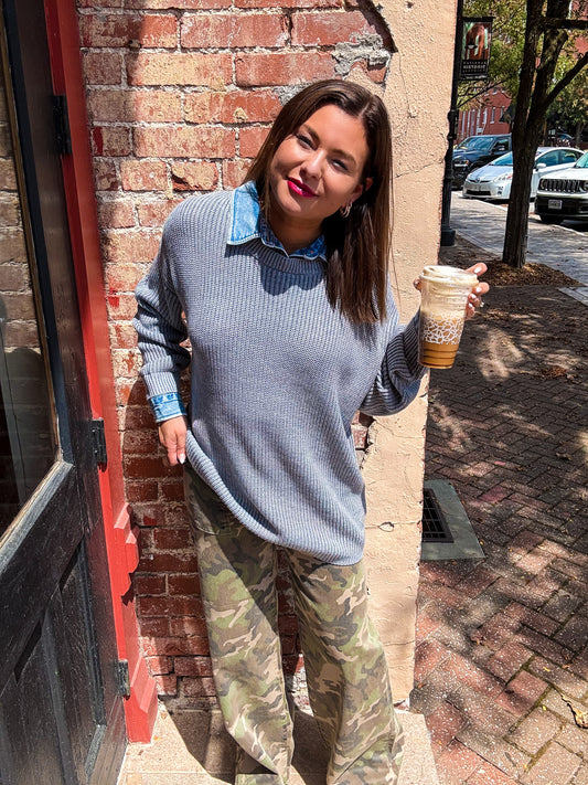 Denim Details Heather Grey Knit Sweater