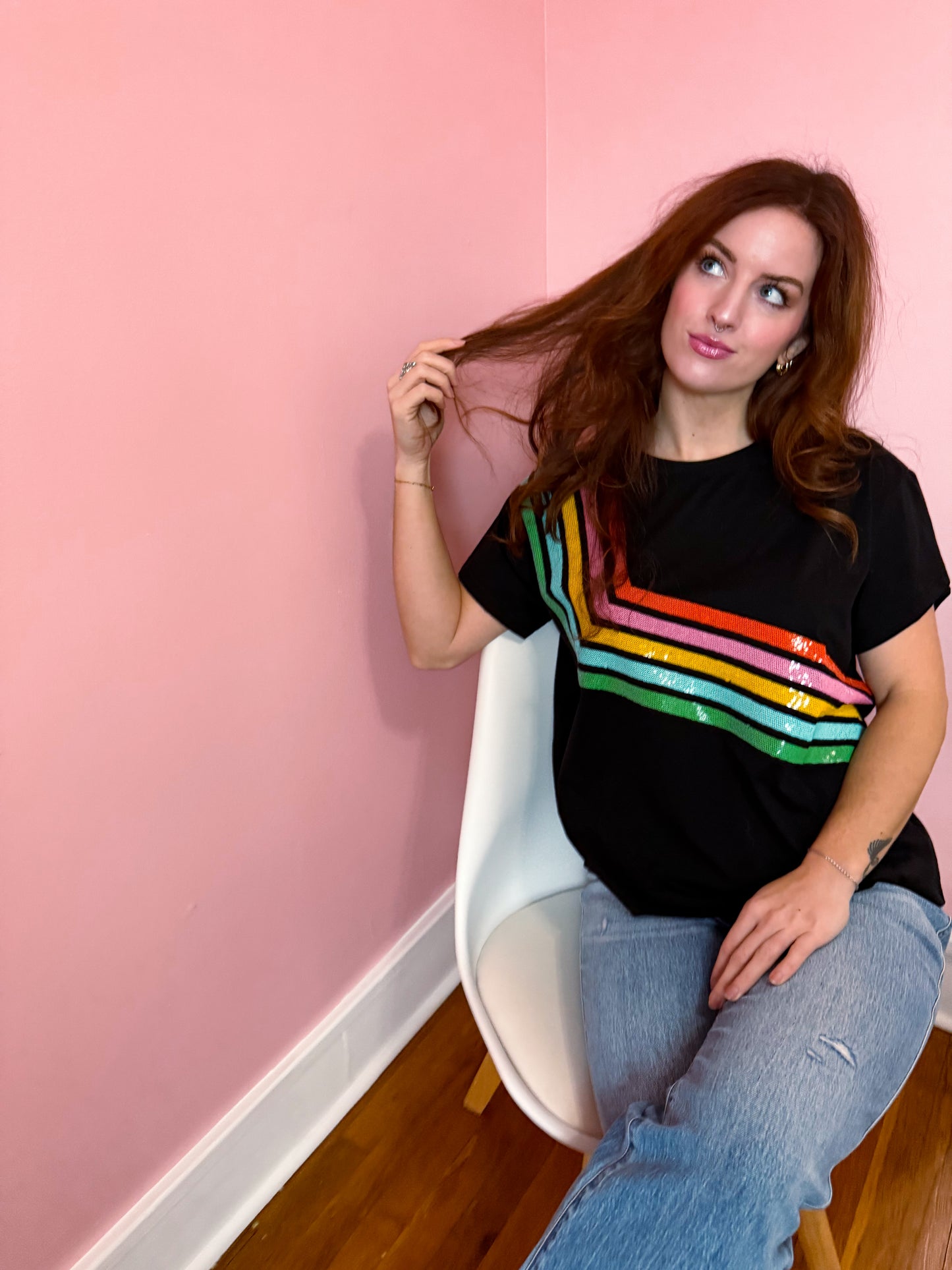 Black Diagonal Rainbow Stripe Tee