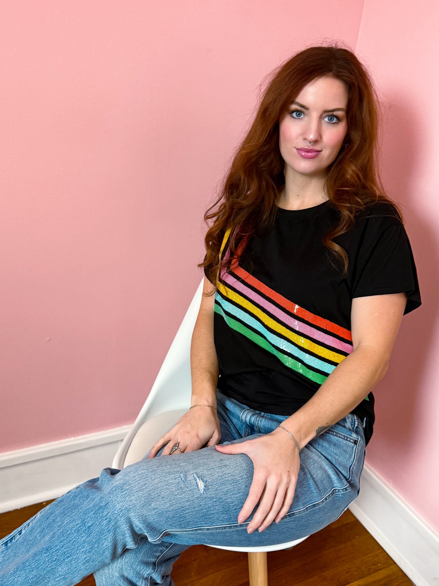 Black Diagonal Rainbow Stripe Tee