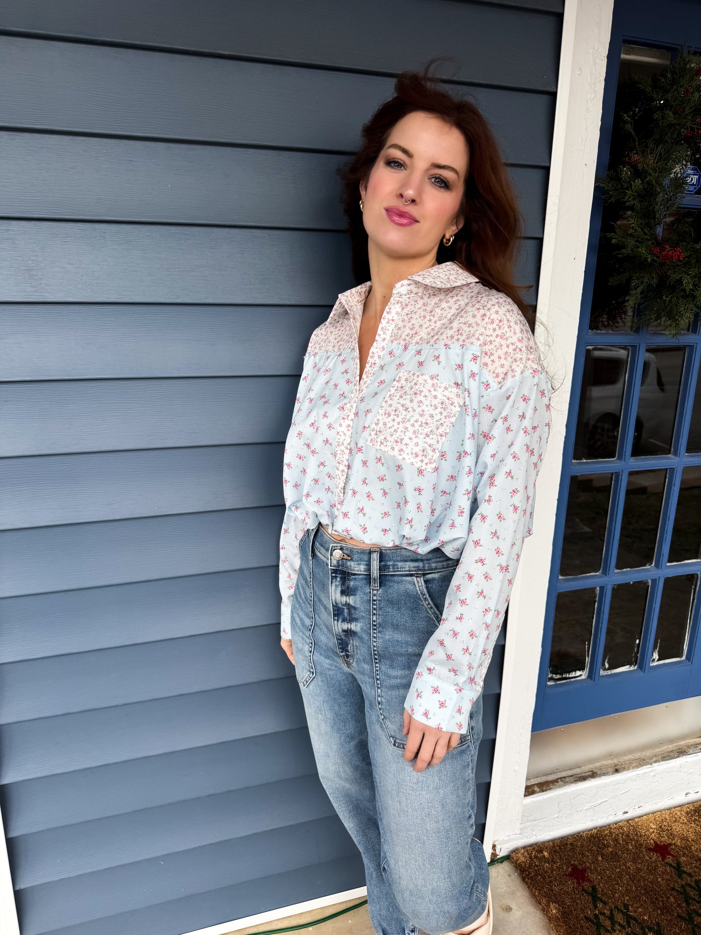 Ditsy Floral Bubble Hem Cropped Shirt