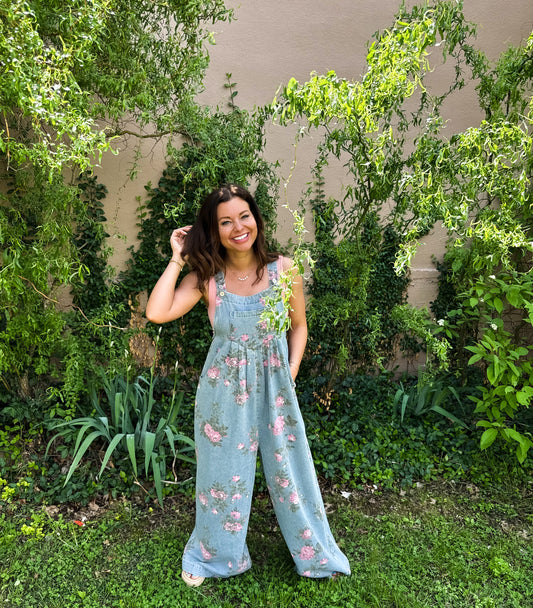 Flower Print Washed Denim Wide Leg Overalls