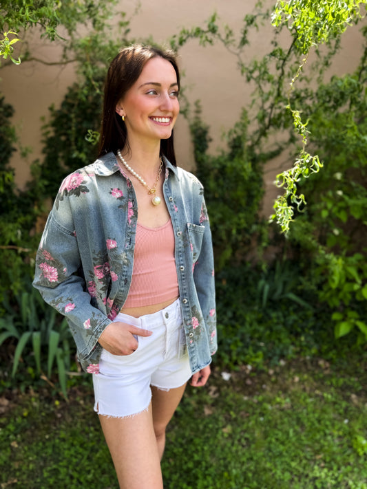 Flower Child Denim Button Up Shirt