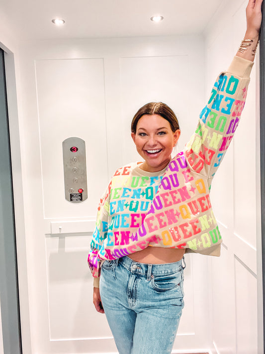 Tan & Neon Queen All Over Sweatshirt