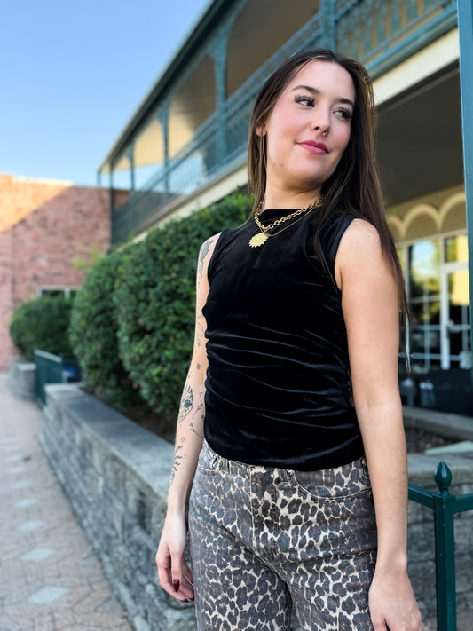 Ruched Velvet Tank in Black