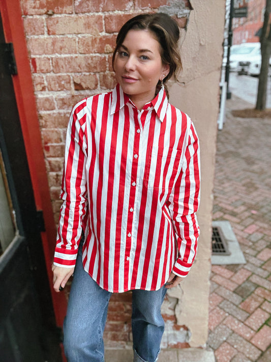 Cherry Red Stripe Paula Button Front Top