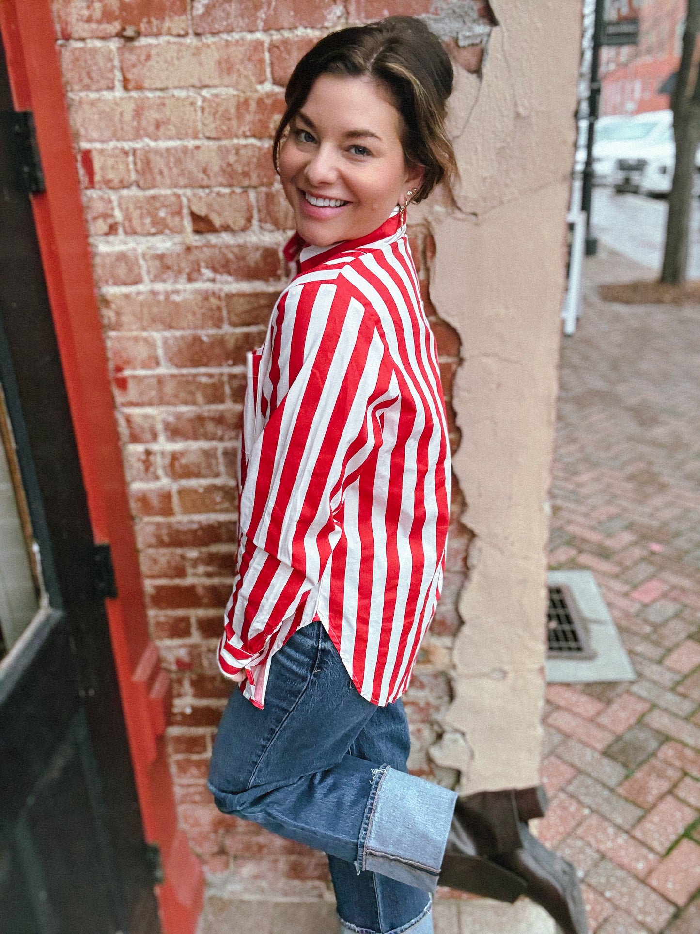 Cherry Red Stripe Paula Button Front Top