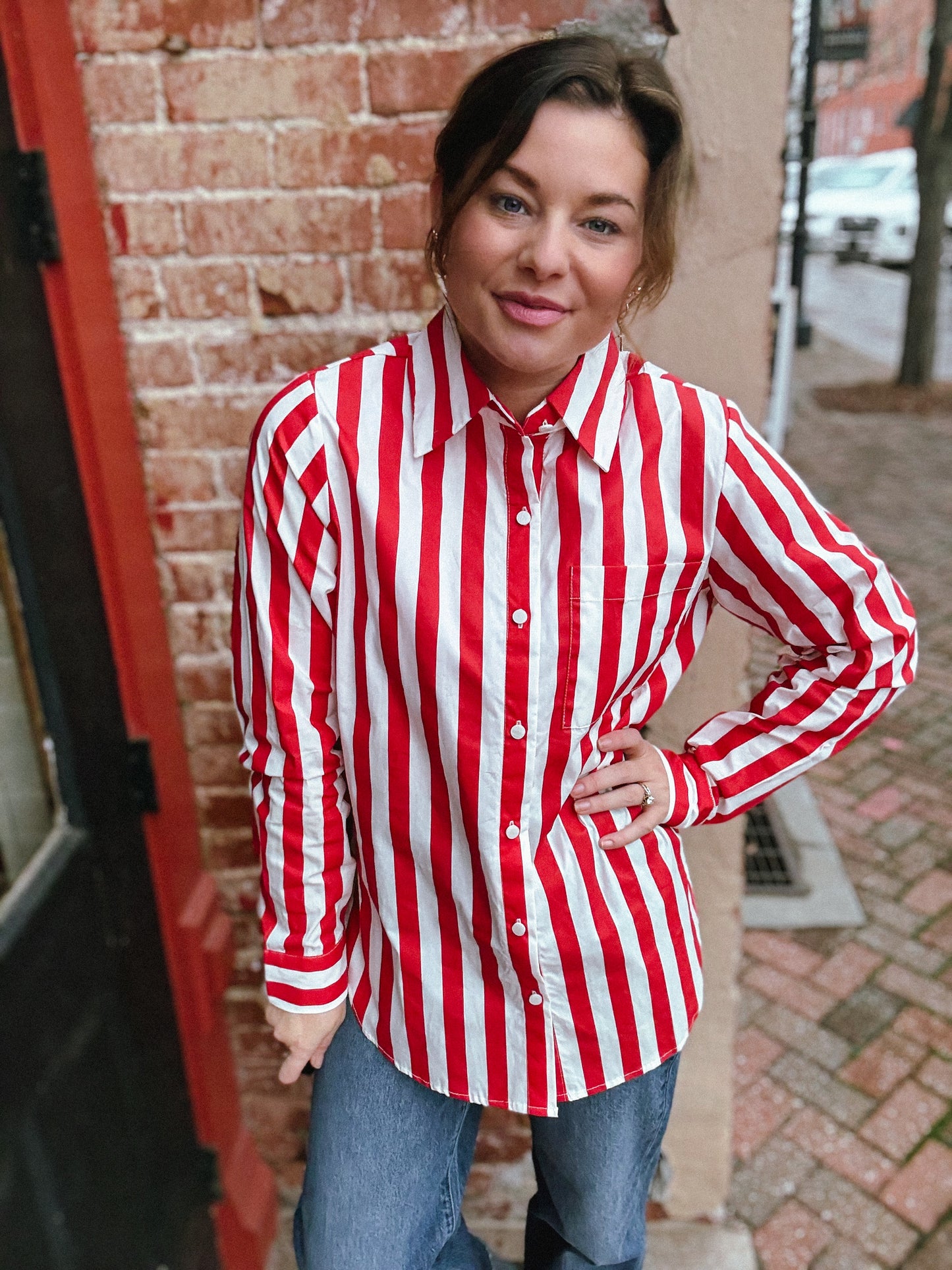 Cherry Red Stripe Paula Button Front Top