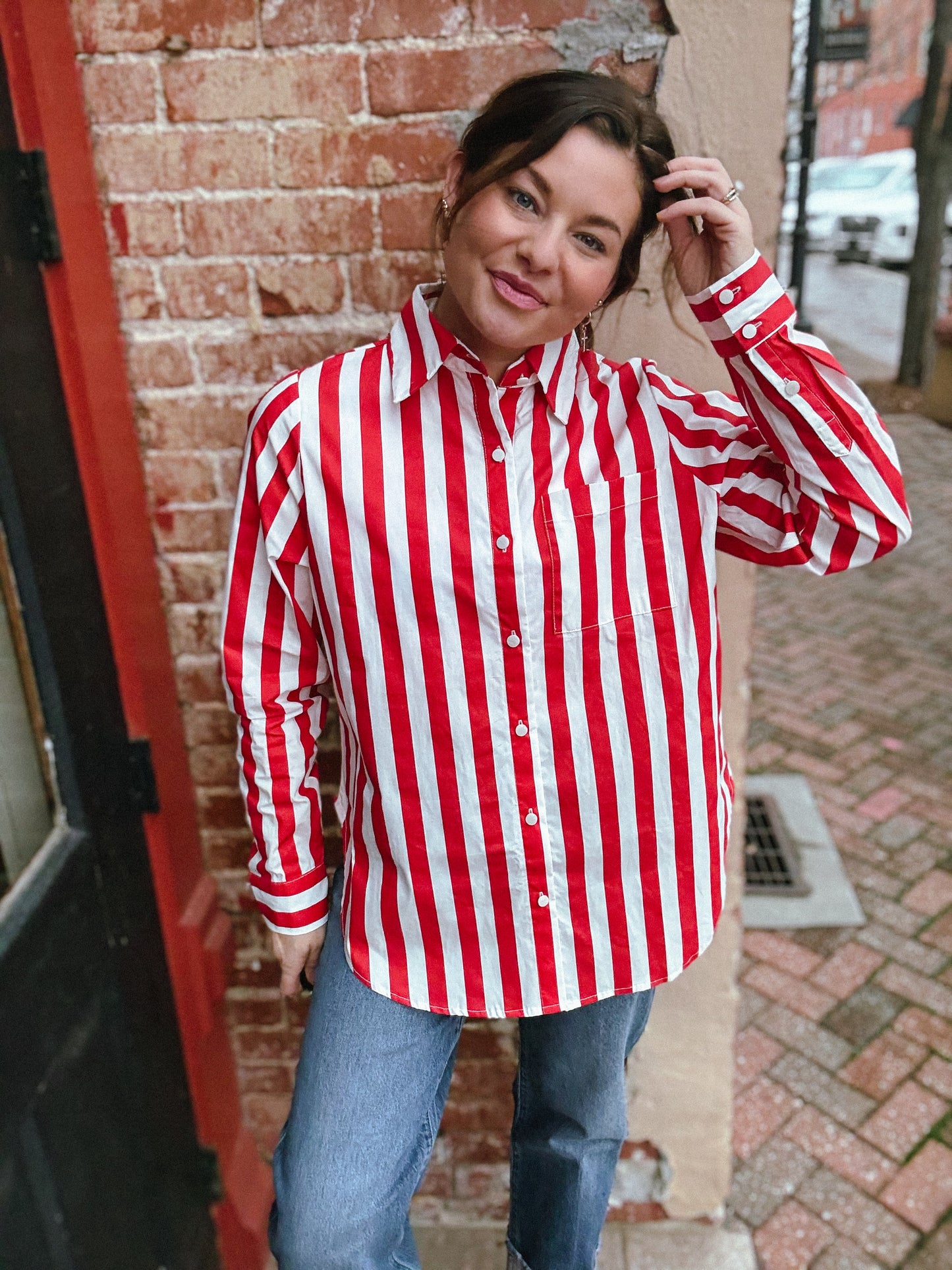 Cherry Red Stripe Paula Button Front Top