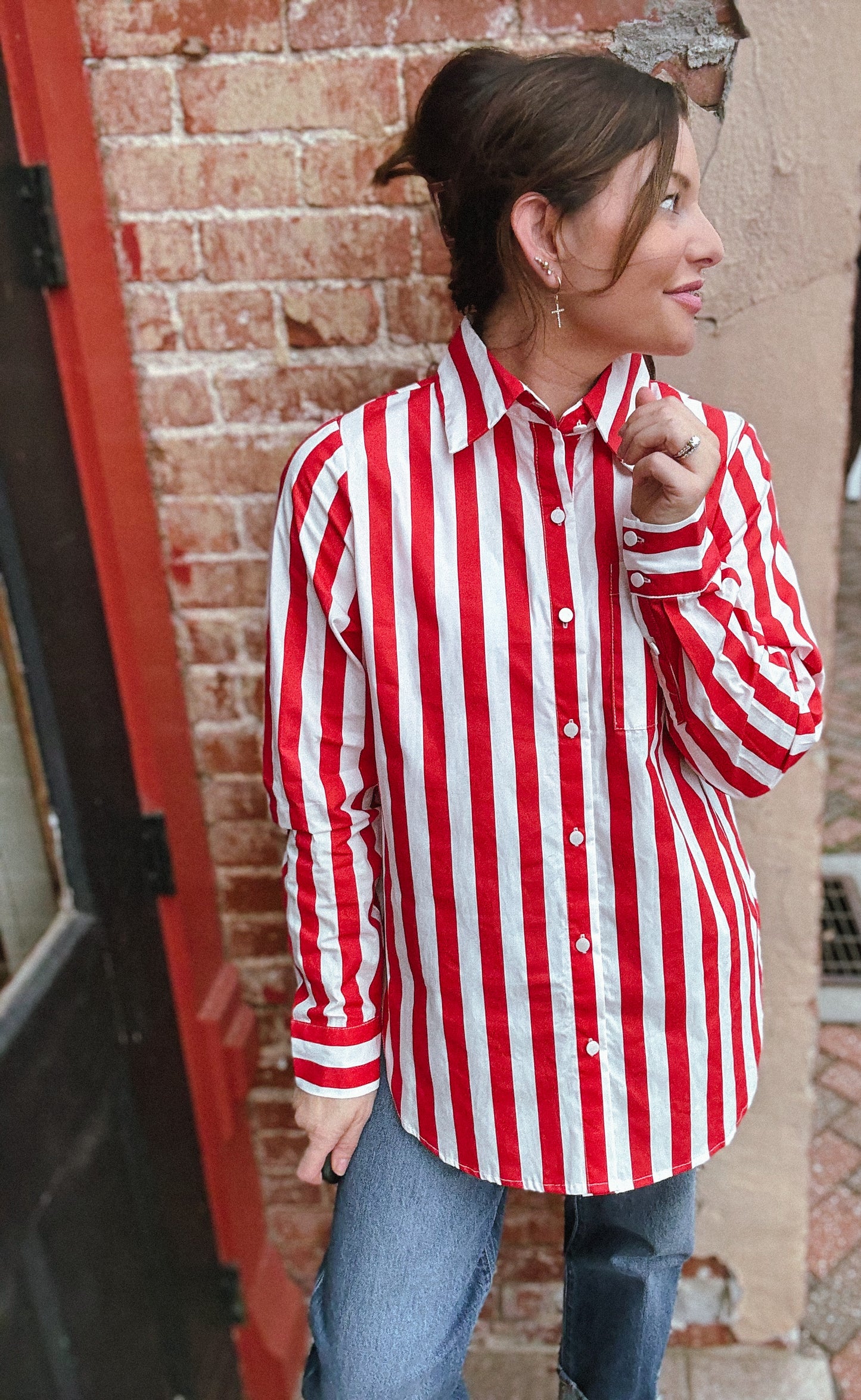 Cherry Red Stripe Paula Button Front Top
