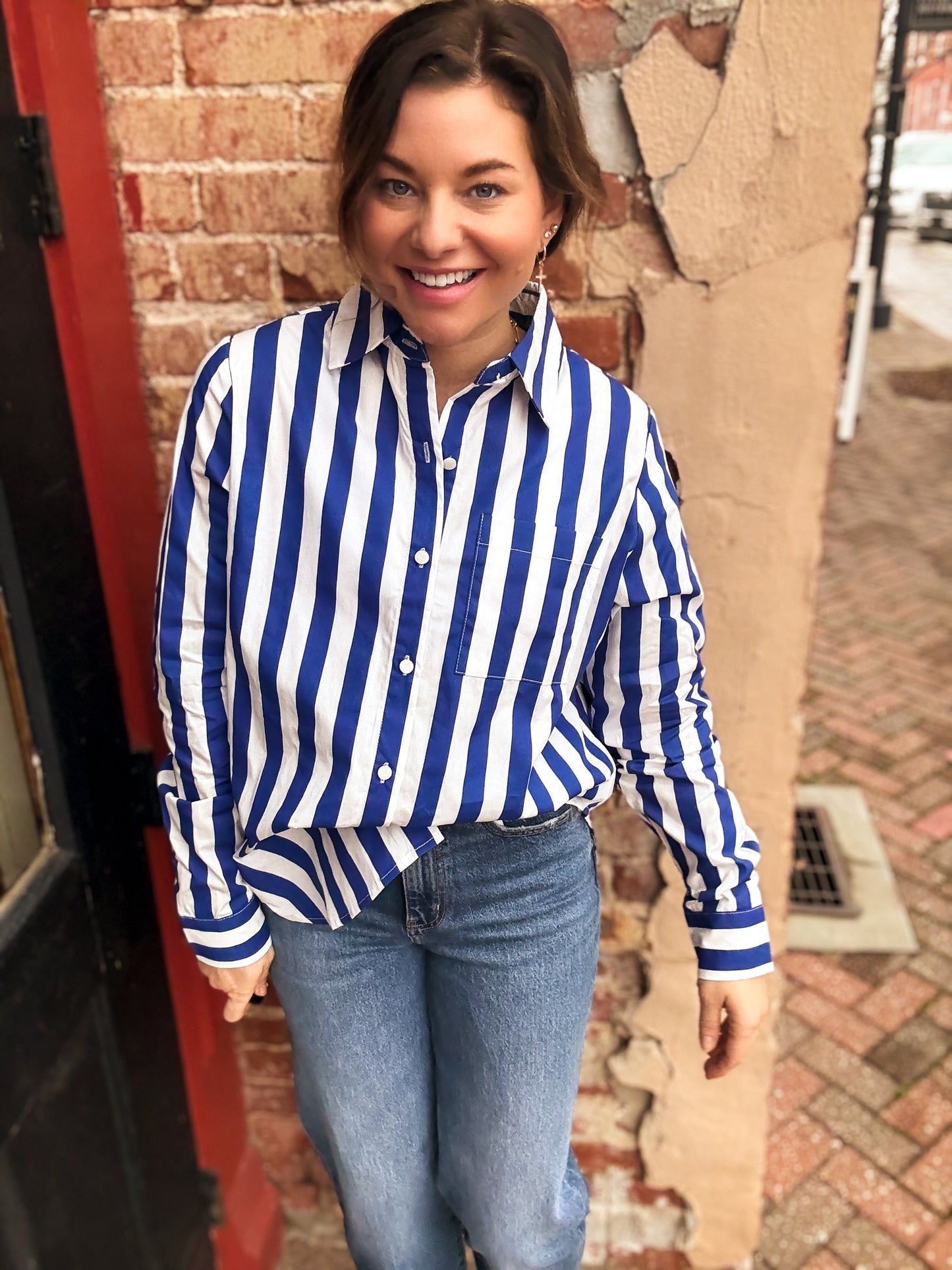 Royal Blue Stripe Paula Button Front Top