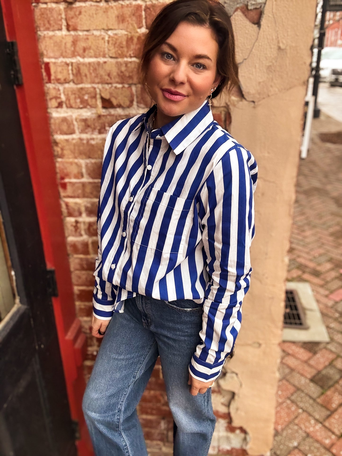 Royal Blue Stripe Paula Button Front Top