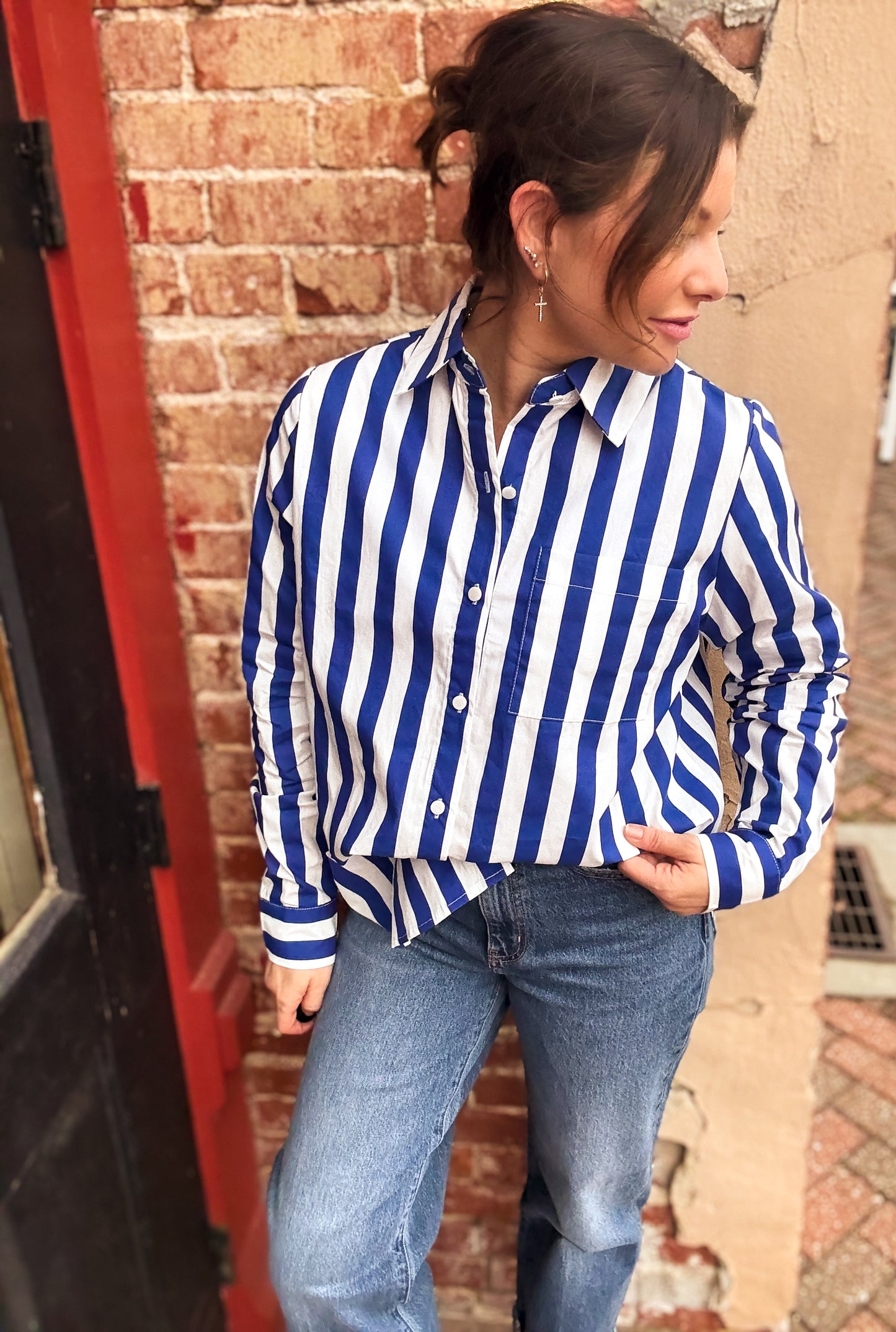 Royal Blue Stripe Paula Button Front Top