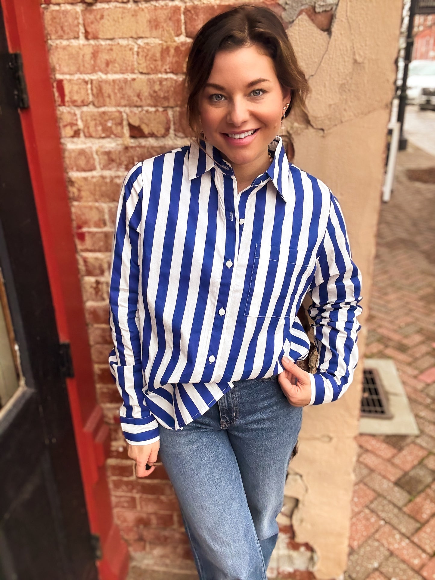 Royal Blue Stripe Paula Button Front Top