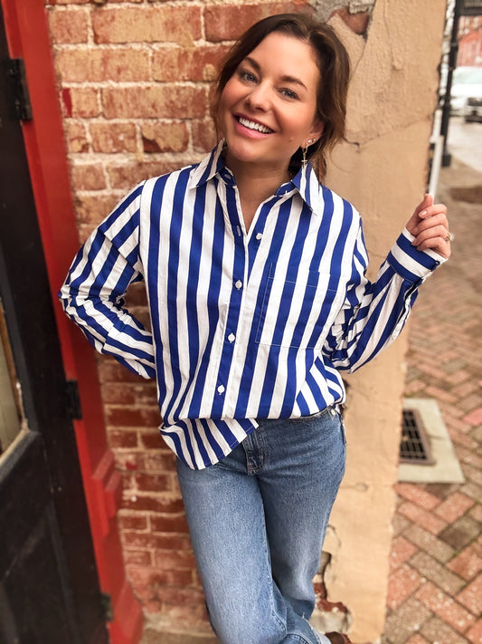 Royal Blue Stripe Paula Button Front Top