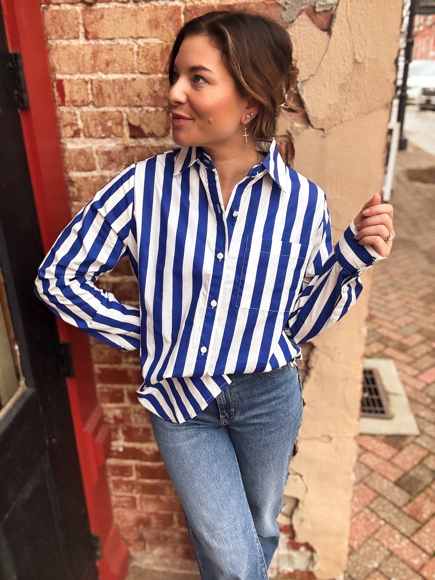 Royal Blue Stripe Paula Button Front Top