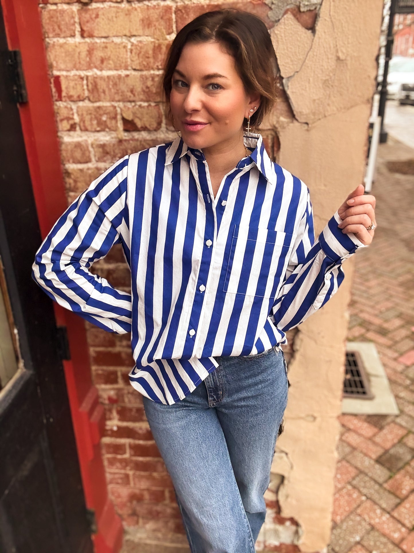 Royal Blue Stripe Paula Button Front Top