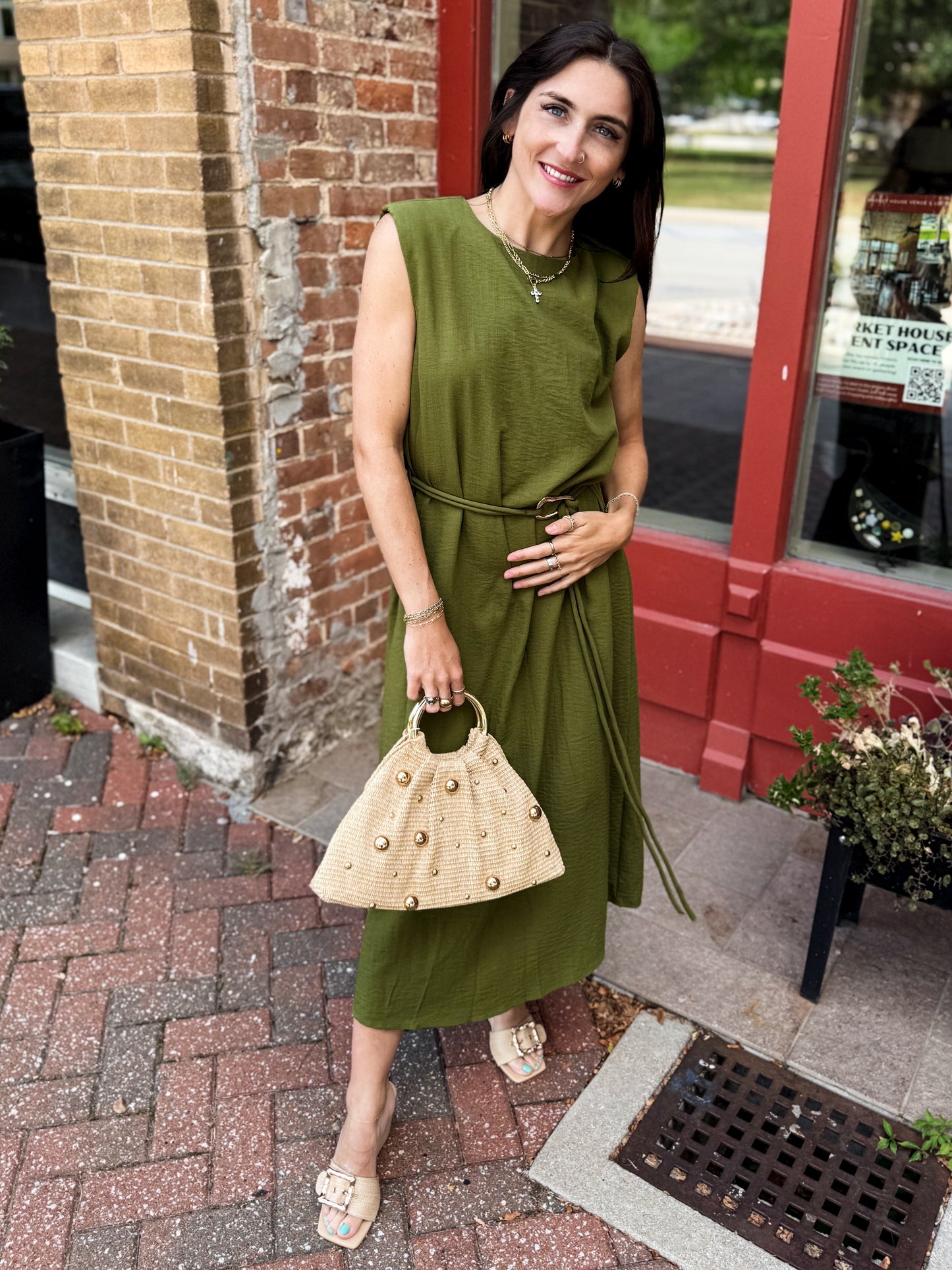 Sage Belted Midi Dress
